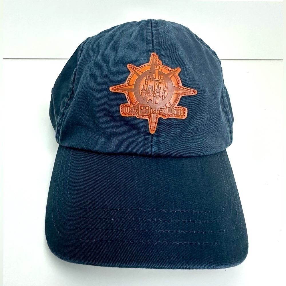 Disney World Navy Hat Baseball Cap Adult Size Faux Leather Castle Compass